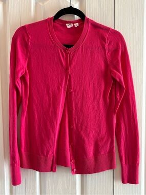 GAP Women's Bright Pink Button-Up Crewneck Cardigan